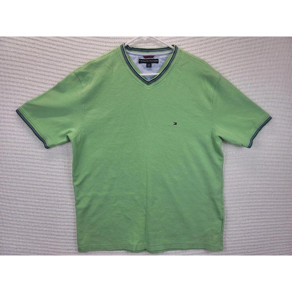 Tommy Hilfiger Shirt Mens XL Lime V Neck Short Sleeve Thermal Logo EUC